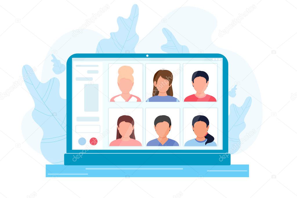 Group of peoples communicating on online video conference on the computer screen. Dialogs or conversations between colleagues or clerks. Flat cartoon colorful vector illustration. Working from home.