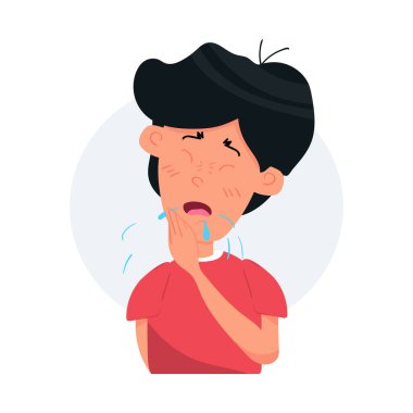 Öksüren ve hapşıran çocuk karakteri. Hasta çocuk. Sezon alerjisi. Düz çizgi film vektör stoku Resimleri beyaz arkaplanda izole.