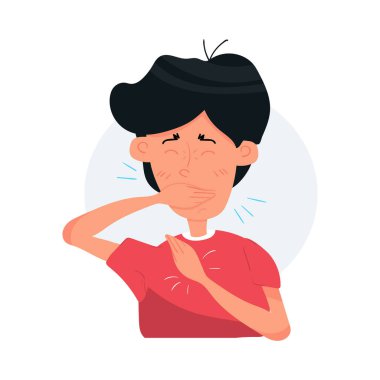 Öksüren ve hapşıran çocuk karakteri. Hasta çocuk. Sezon alerjisi. Düz çizgi film vektör stoku Resimleri beyaz arkaplanda izole.