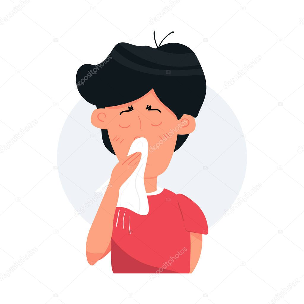 Boy kid character coughing and sneezing. Sick Kid. Season allergy. Flat cartoon vector stock Illustration isolated on white background.
