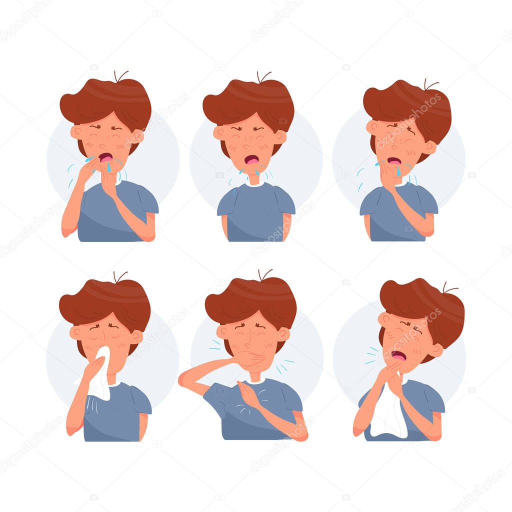 Boy kid character coughing and sneezing. Healthcare recommendation how to sneeze, cough properly. Prevention. Hygiene Concept. Flat cartoon vector stock Illustration isolated on white background.