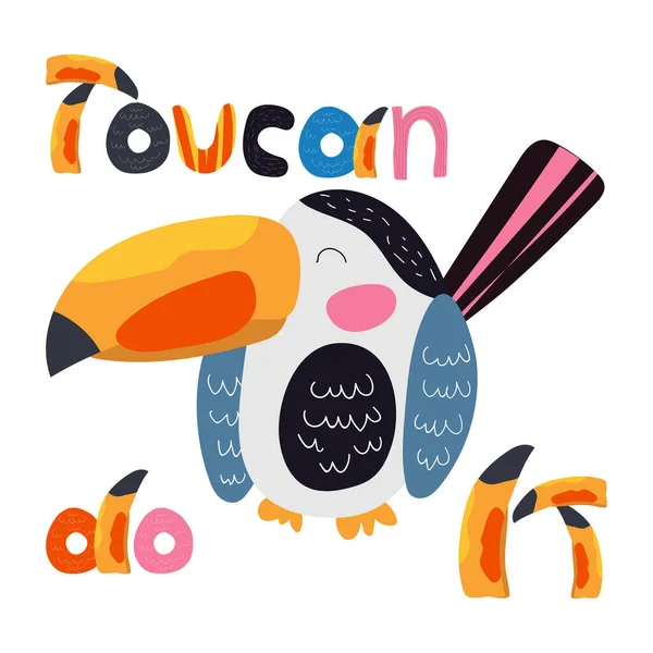 Toucan Vogel Cartoon Karakter Hand Belettering Grappige Tekst Toucan Doen — Stockvector