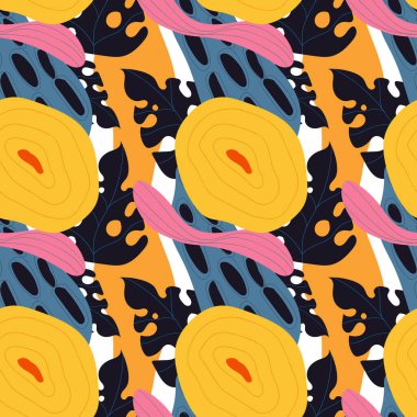 Pembe, mavi ve sarı renkli şirin yaprakları olan kusursuz tropikal desenli vektör. Kumaş, duvar kağıdı, tekstil, ambalaj kağıtları için yaz arkaplanı.