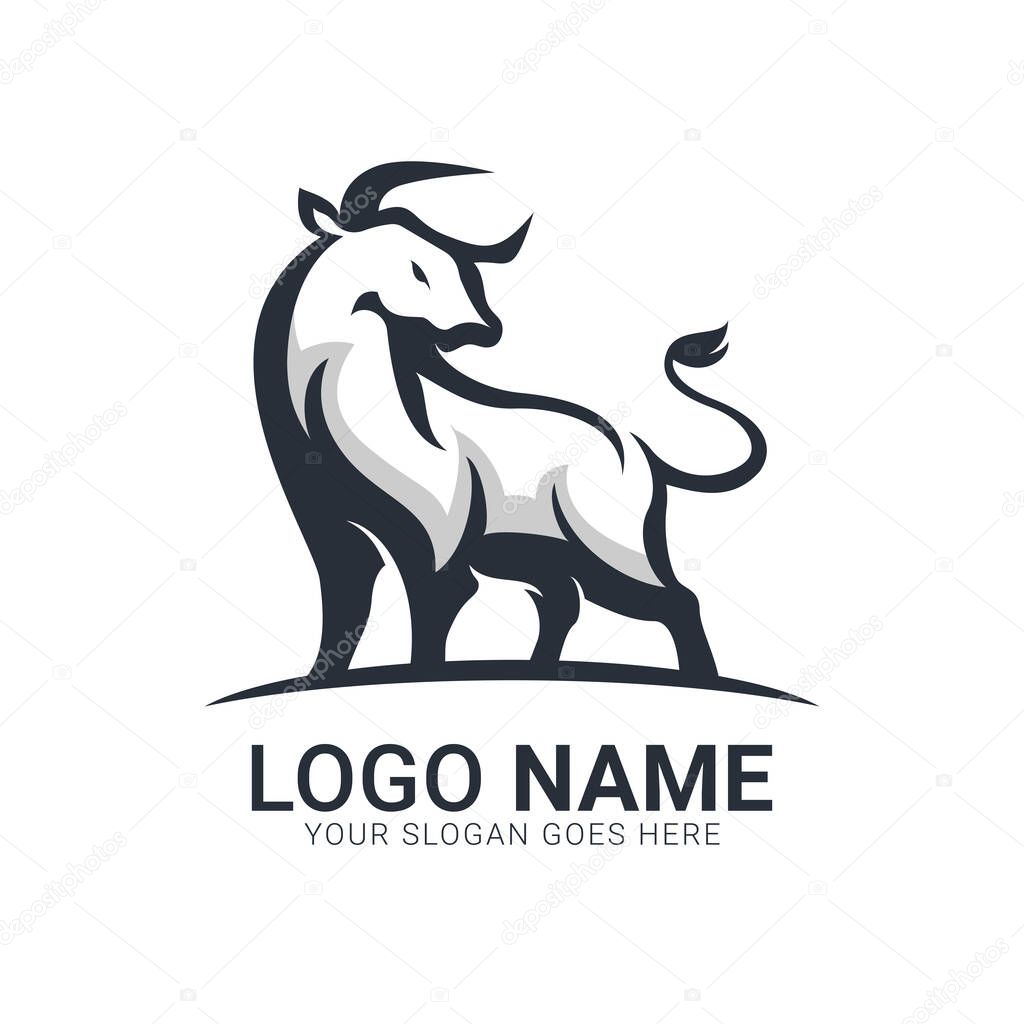 Strong black bull standing. Modern bull logo design.