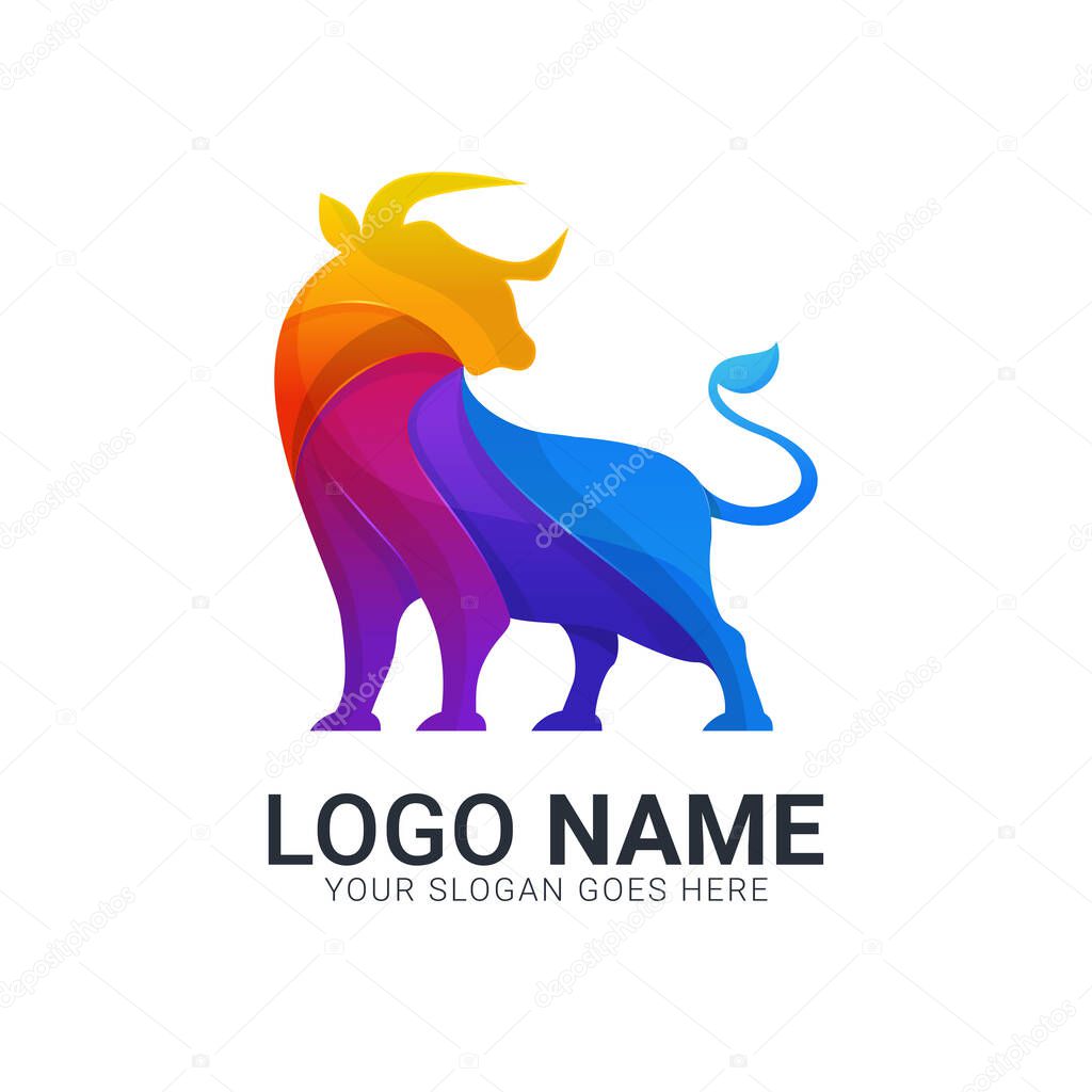 Rainbow gradient bull logo. Modern bull logo design.