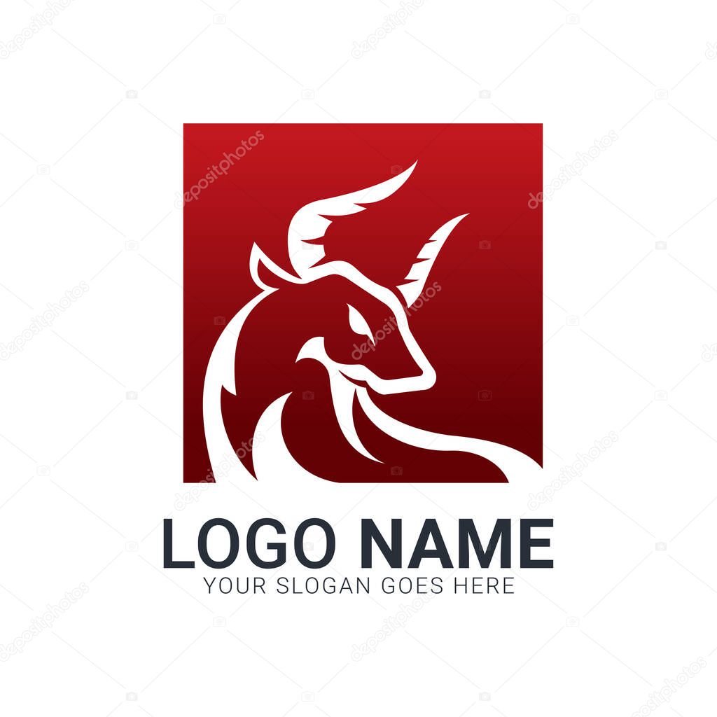 Red bull silhouette with square shape. Modern bull logo design.