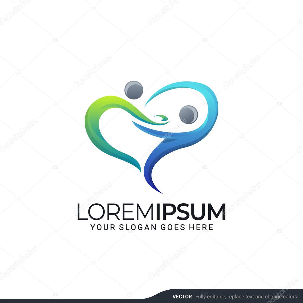 Modern people logo gather. Abstract symbol concept of community, reunion, business, foundation, community, human caring, people group, social relationship icon, charity logo design.