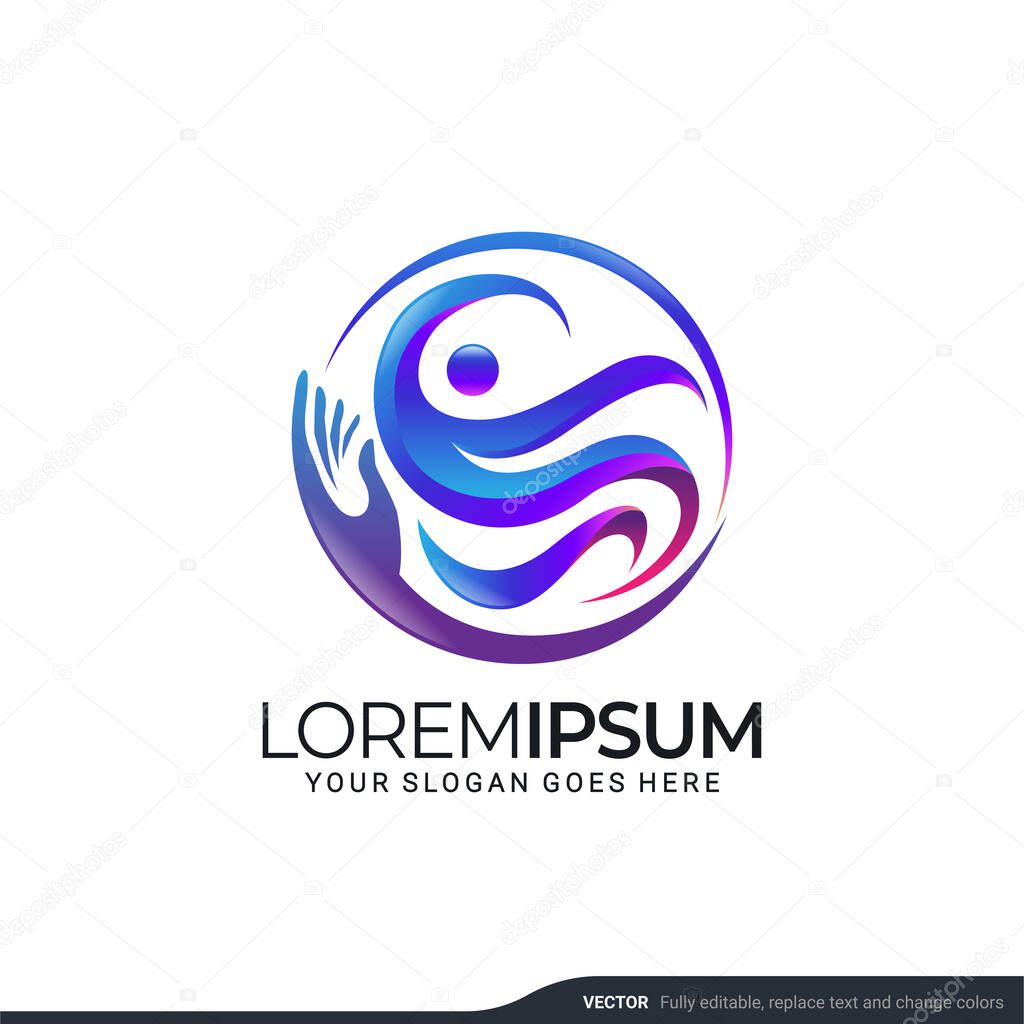 Modern people logo gather. Abstract symbol concept of community, reunion, business, foundation, community, human caring, people group, social relationship icon, charity logo design.