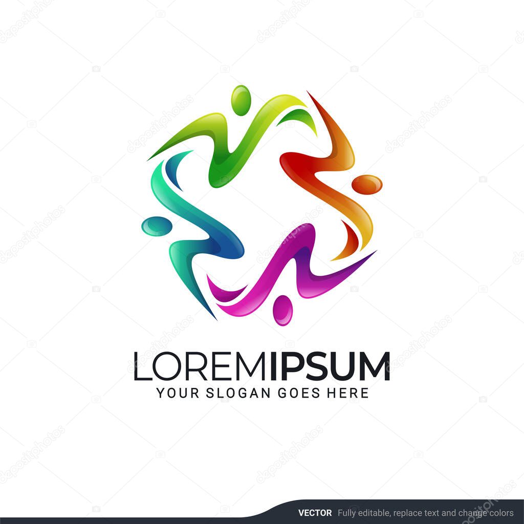 Modern people logo gather. Abstract symbol concept of community, reunion, business, foundation, community, human caring, people group, social relationship icon, charity logo design.