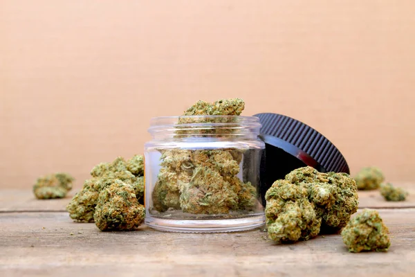 Open Jar Marijuana Buds — Stock Photo, Image