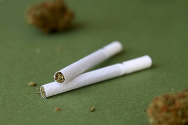 Yeşil arka planda rulo marihuana sigaraları