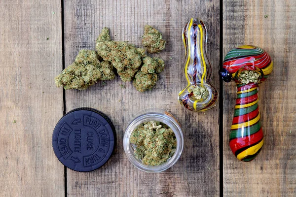 Pipes Glass Jar Full Cannabis Flowers — Stock Photo, Image