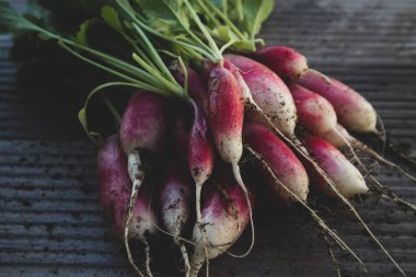Bahçeden toplanmış taze turplar, ahşap bir masada oturuyorlar.