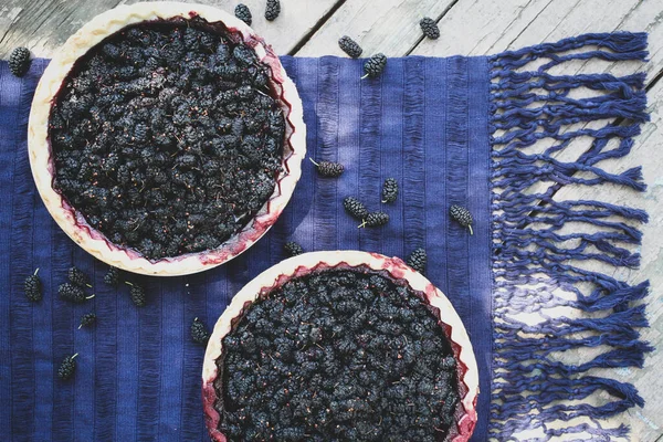 Açık hava pikniğinde mor tekstil üzerine iki dut turtası.