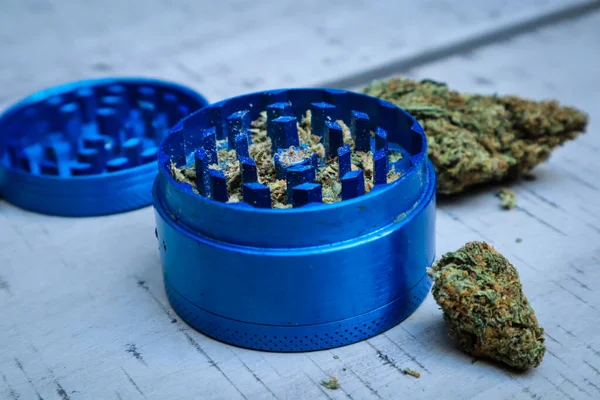 Moliendo Flores Secas Cannabis Con Molinillo Metal Azul Sentado Una — Foto de Stock