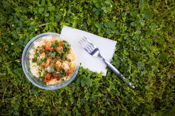 A single serving of creamy macaroni salad with a fork and napkin sitting on the grass at a picnic