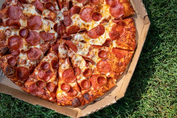 Piknikte Çimlerin Üzerinde Karton Bir Kutuda Pepperoni Pizza — Stok fotoğraf