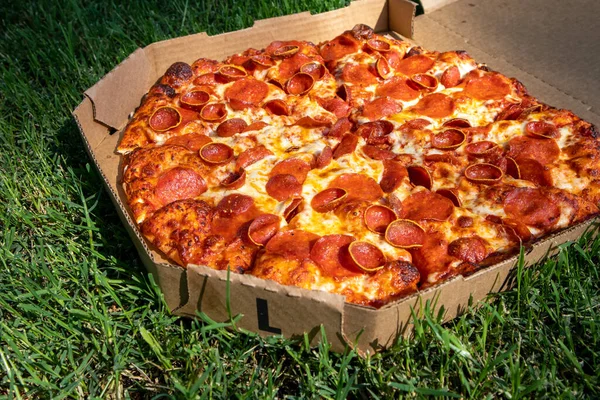 Pepperoni Pizza Una Caja Cartón Césped Picnic — Foto de Stock