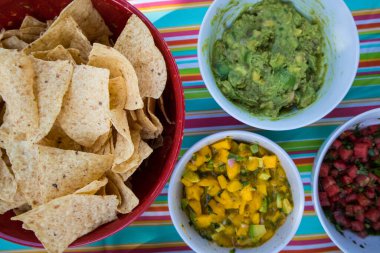 Tortilla Chips, Guacamole ve Mango Salsa 'nın tabaklar üzerindeki piknik masasında..