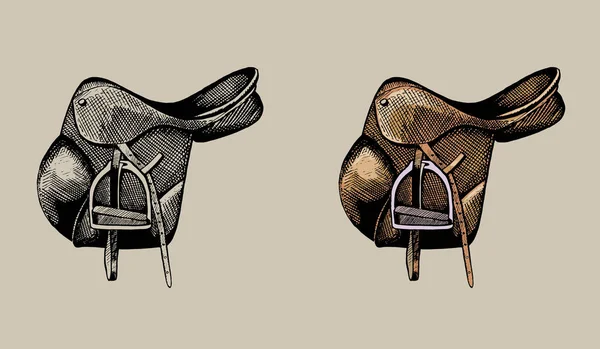 Sella equestre in pelle, illustrazione disegnata a mano — Vettoriale Stock