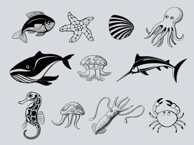 suda yaşayan hayvanların mürekkep simgeler kümesi