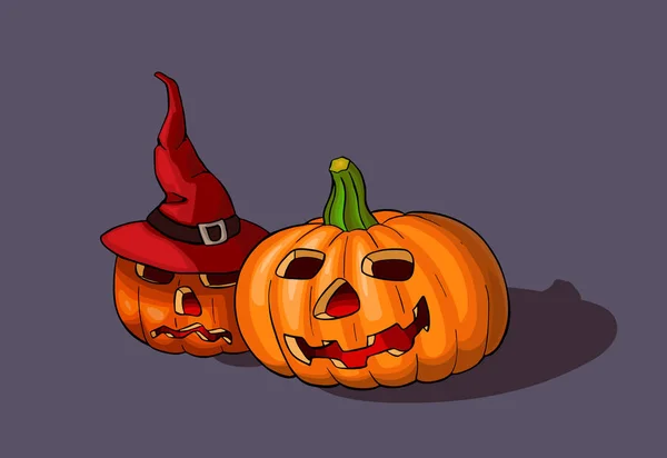 Calabazas de halloween con sombrero de bruja — Vector de stock