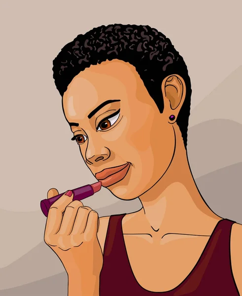 Chica africana con lápiz labial, vector de dibujos animados — Vector de stock