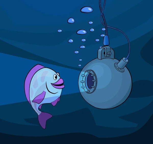 Fisch und Batysphäre, Zeichentrickvektorillustration — Stockvektor