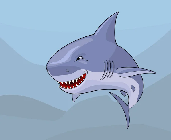 Tubarão cômico dos desenhos animados com sorriso maligno — Vetor de Stock