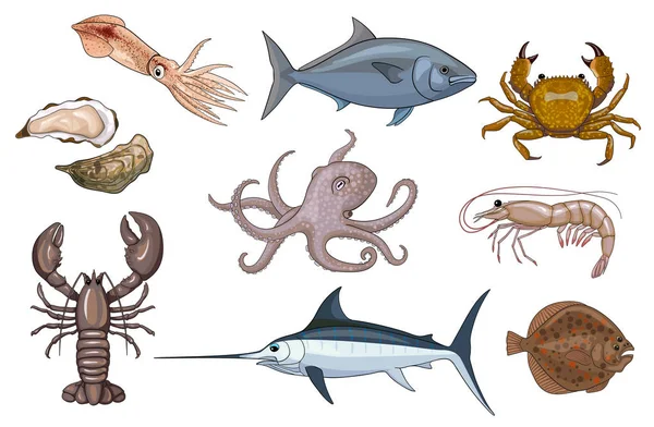 Conjunto de dibujos animados de animales marinos comestibles — Archivo Imágenes Vectoriales