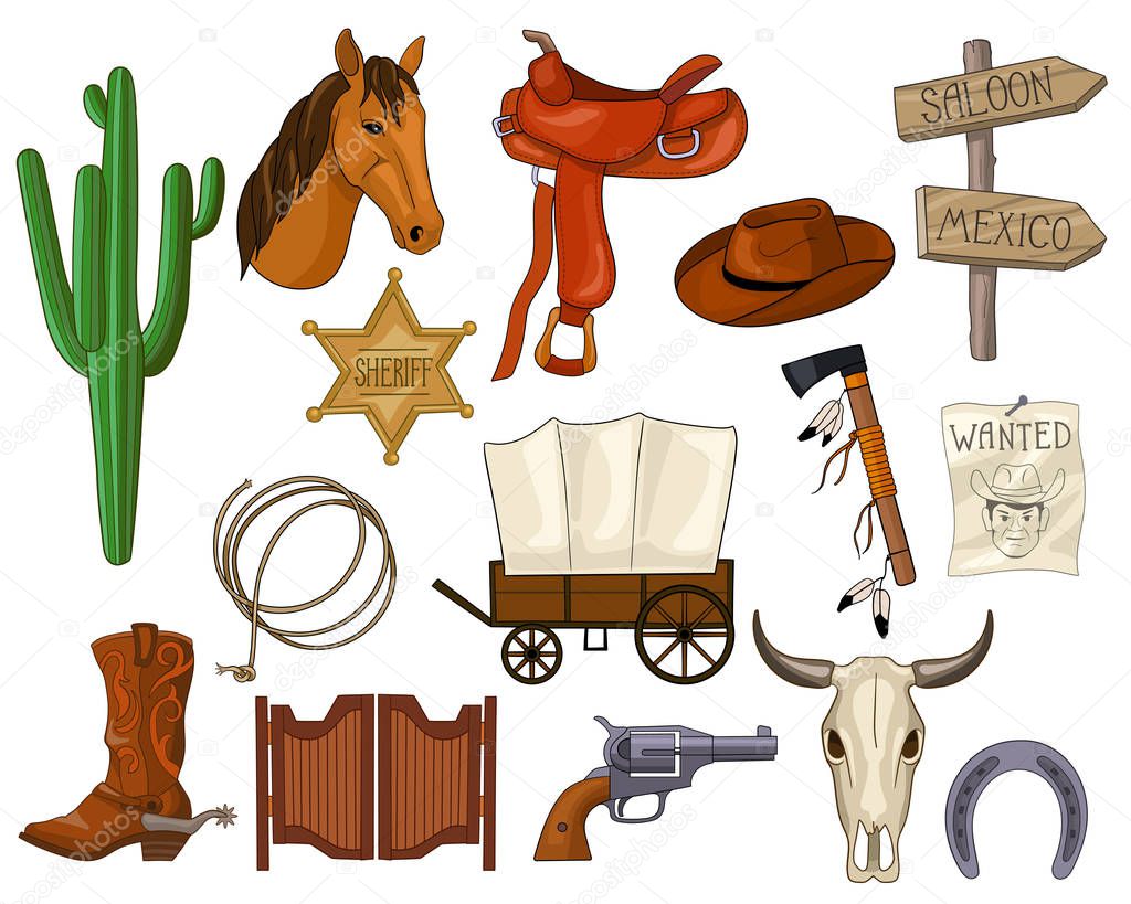 cartoon set of wild west accessories
