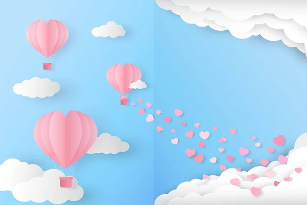 Mavi gökyüzü arka planında küçük kalpleri olan pembe kalp balonları, Sevgililer Günü için kağıt kesim stili, düğün ve davetiye kartı.