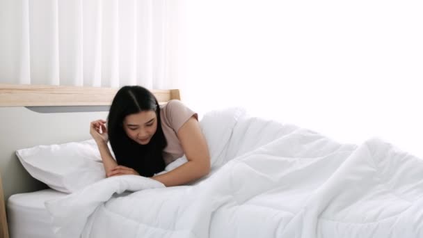 Cute Asian Woman Wake Morning Exercising Bed Arms Stretching Twisting — Stock Video