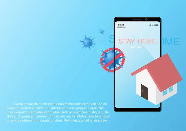 Evde kalma kampanyası mesajları olan cep telefonu ve dur işareti ve mavi gökyüzü arka planında ev simgesi olan koronavirüs hücreleri.