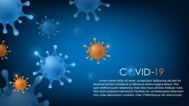Mavi arkaplan ve turuncu hücreli Coronavirus mavi ve turuncu hücreleri. Covid-19 virüsünün salgını solunum sistemini ve akciğer pankartını etkiler..