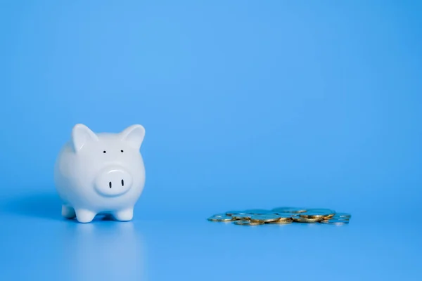 Beyaz kumbara ve mavi arka planda bir sürü bozuk para, yatırım ve tasarruf parası konsepti.