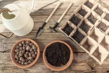 Tohumlar için turba kapları, toprak, genişletilmiş kil ve küçük bahçe aletleri. Pencere kenarındaki ev bahçesinde, kendimizi ekeriz.