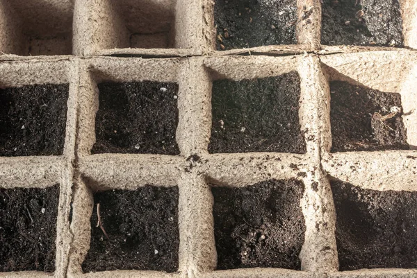 Kare turba tencerelerinin arka planı, kısmen toprakla dolu. Pencere kenarında bir bahçe oluştur.