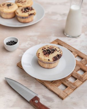 Hafif arkaplanda kakao serpiştirilmiş lezzetli vanilyalı kek..