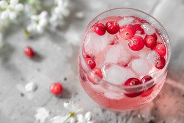 Buzlu ve böğürtlenli kızılcık limonatasını çiçekli ve yapraklı gri eski püskü bir masada tazeliyorum.