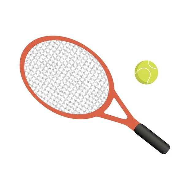 Raqueta de tenis con bola amarilla sobre fondo blanco. Ilustración vectorial en estilo plano de moda. EPS 10 — Vector de stock