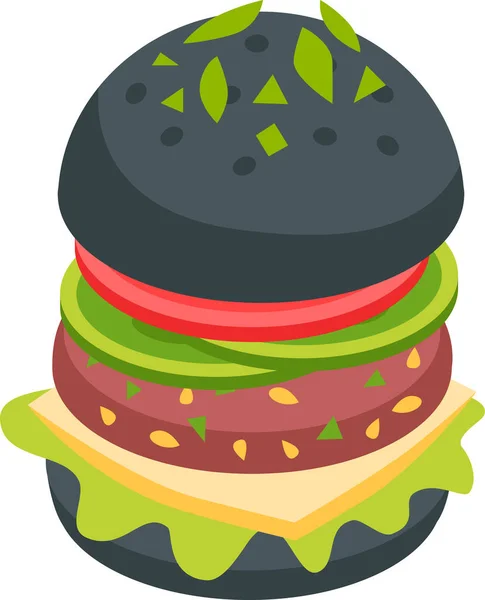 Hambúrgueres pretos com queijo, cebolas, alface e um tomate. Vector isola em estilo plano de desenhos animados. Fundo branco . — Vetor de Stock