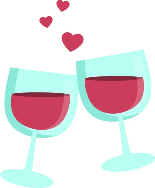 Definir copos transparentes com vinho tinto e coração. Vetor . — Vetor de Stock