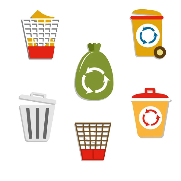 Mülltonnen und Tüten in flachen Stil-Ikonen. Vektor-Symbole von Müllsäcken, Müllcontainern und Dosen. Mit Recycling-Symbol. — Stockvektor
