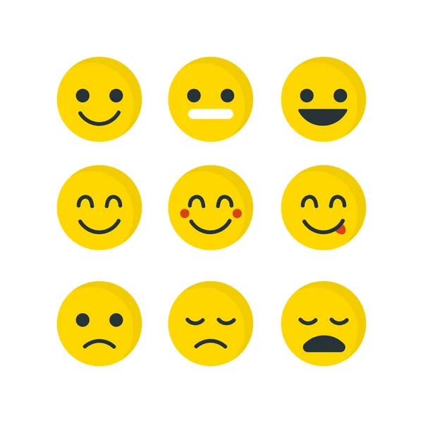 Conjunto de caras Emoji amarillo. Concepto para el Día Mundial de la Sonrisa tarjeta sonriente o bandera. Emoticones iconos Ilustración vectorial . — Archivo Imágenes Vectoriales