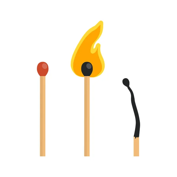 Matches, lighted match and burned match on white background. Vector illustration in trendy flat style. — Stock Vector