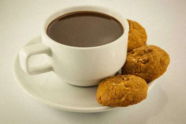 Tazza Caffè Biscotti Sfondo Bianco Immagini Stile Vintage Effetto Grano — Foto Stock