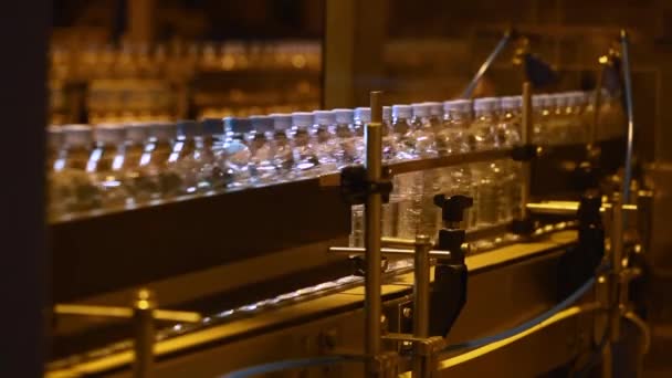 Plastic flessen op de transportband en water bottelen machine industrie — Stockvideo