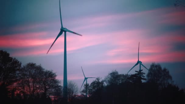Windmills for electric power on sunset sky background. — Stock Video