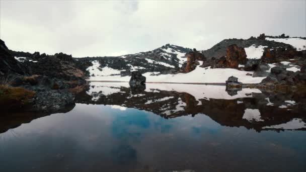 Озеро в горах со снегом — стоковое видео